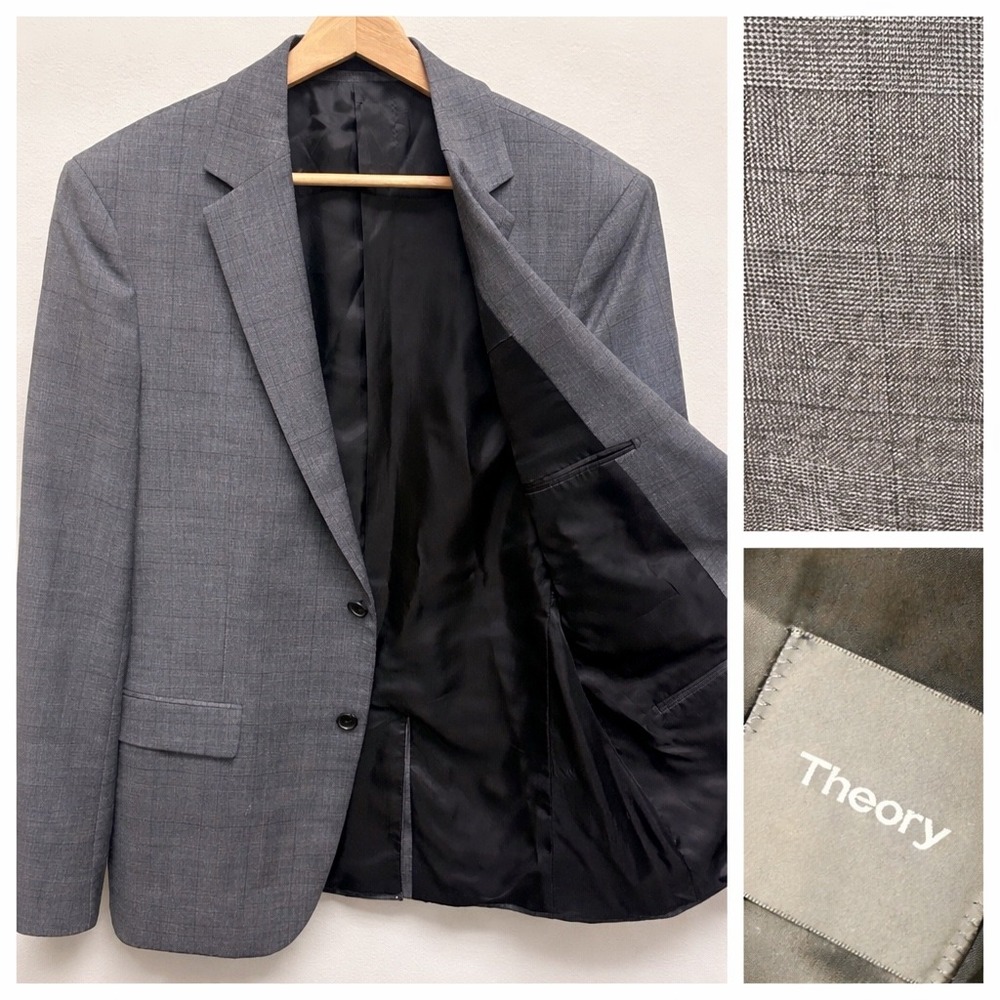 Theory Blazer Mens 42R Grey Wellar Sleaford Wool Glen Plaid Sport Coat Bsiness